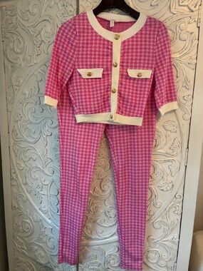Girls Pink Houndstooth  Set with Cream Trim